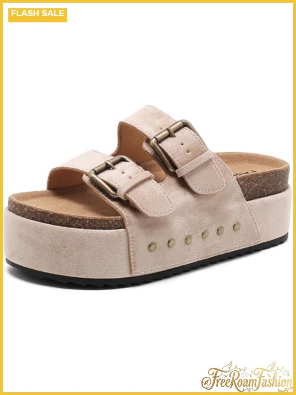 Women's Platform Sandals Cork Footbed Double Buckle Slides